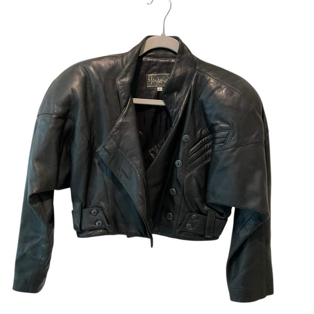 Vintage 70s Cropped Black Lamb Leather Moto Jacket Petite Small Soft Biker Chic - Picture 4 of 9